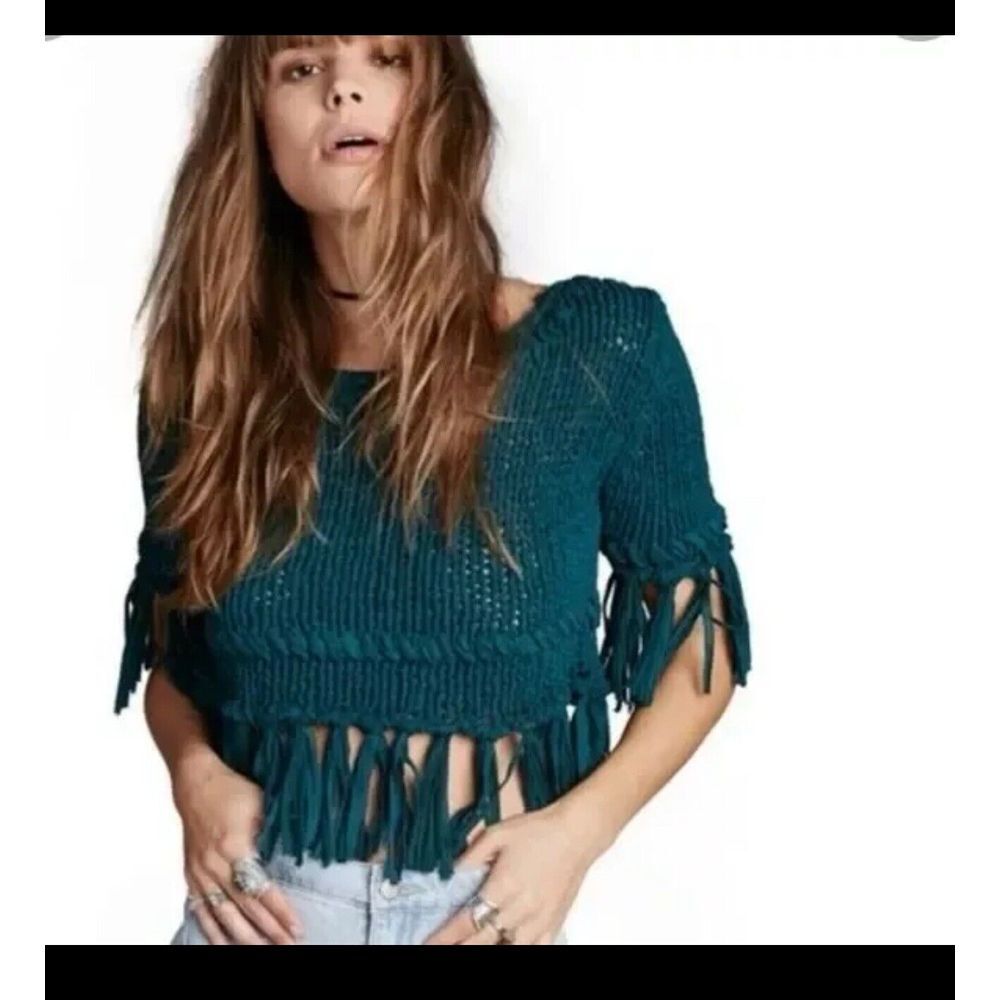 Free People On The Fringe Festival Sweater Womens Lg Loose Knit Tassel Cropped